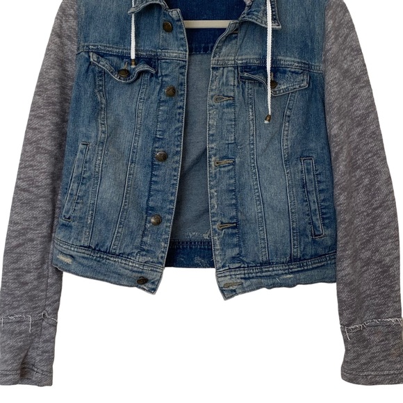 Free People Knit Hooded Distressed Denim Jacket, Size Small - Picture 6 of 13